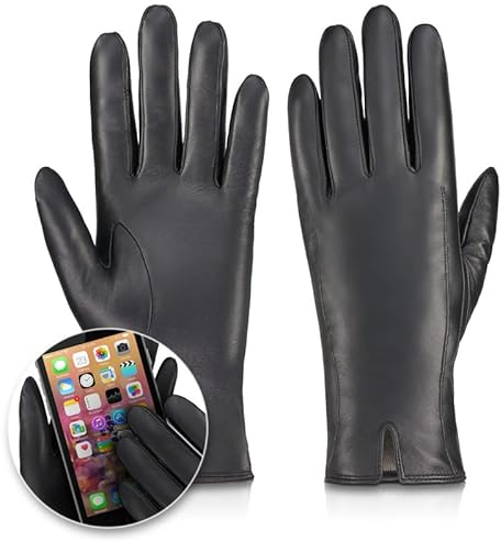 BETLEWSKI - Damen Handschuhe aus Schafsleder gefüttert - Warme Winter Lederhandschuhe für Damen in Schwarz mit Wollfutter - Winterhandschuhe für Touchscreens - Modell Chloe iTouch - XXL