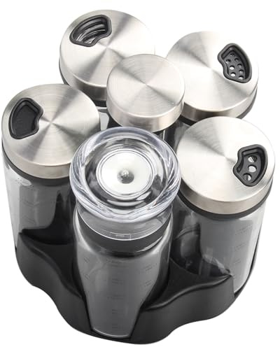 TINMIX Drehbarer Gewürzregal-Organizer, drehbares Gewürzhalter-Regal für Küchenarbeitsplattenschrank, 4 große 200-ml-Gläser + 1 Ölspenderflasche