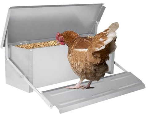 JOIEYOU Futterautomat Hühner, 10KG Hühnerfutter aus Verzinkter Stahl, Futtertrog Spender mit Deckel Wasserfest für Geflügel