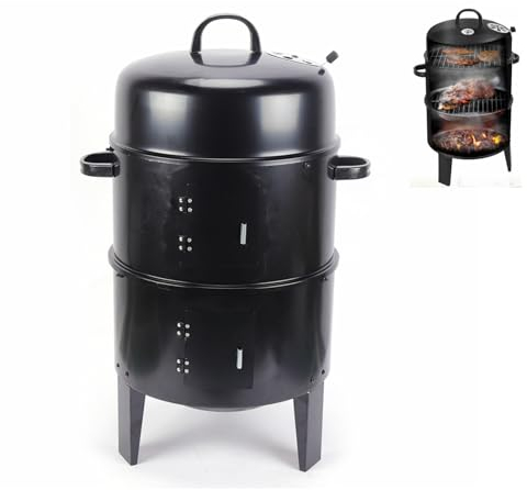 3 in 1 Charcoal Smoker BBQ Grill with Thermometer, Adjustable Wind Power, Portable Multifunctional BBQ Meat Food Cooking Oven, Garden Camping Outdoor Cooking and Grilling