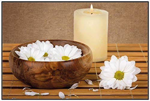 Wallario Wandbild - Stillleben - Kerzen und Blumenblüten in Holzschale in Premiumqualität, Poster mit schwarzem Rahmen, Größe: 61 x 91,5 cm