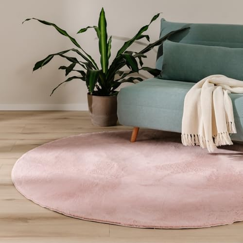 benuta Basic Kunstfaser Fellteppich Furry - Rosa rund 160 cm - Weicher Wohnzimmerteppich - Anti-Rutsch-Rückseite - Waschbar - Für Fußbodenheizung geeignet