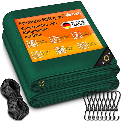 tillvex® Abdeckplane mit Ösen + 10x Spanngummi & 15m Seil | Gewebeplane 650g/m² Wasserdicht & Reißfest | Premium PVC-Plane Universell LKW, Pool, Holz Gartenmöbel | Gartenplane Abdeckung (Grün, 2x3 m)