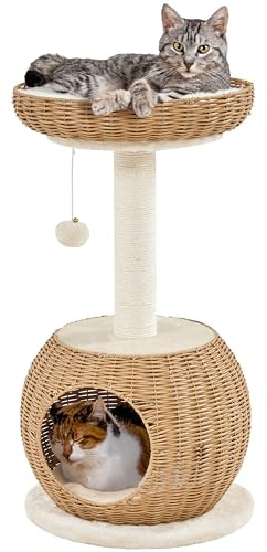 Yaheetech Tiragraffi per Gatti Albero per Gatti in Rattan Intrecciato Trespolo Cuccia per Gatti con Pallina Gioco Altezza 75cm Beige