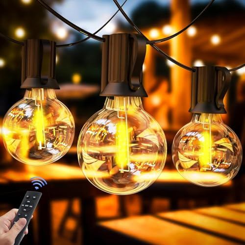 Lichterkette Außen Strom, 30M LED Outdoor Lichterkette Glühbirnen mit Fernbedienung, 37+2 Warmweiße G40 Glühbirnen Plastik, IP44 Wasserdicht Lichterketten Innen für Garten, Balkon, Party, Terrasse