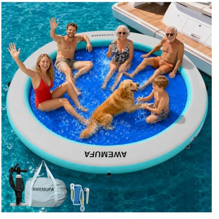 AWEMUFA 8ft Floating Ring Lake Raft for Adults 8 Inch Thickness Inflatable Water Hammock Multi-Person Party Water Toys Round Mint Green Dock Platform Circle Float Island Pad