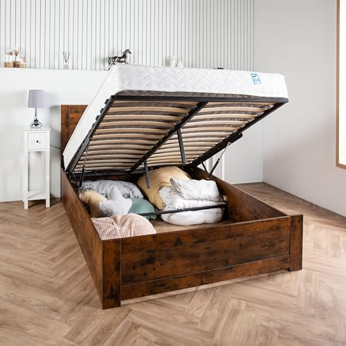 Home Treats Wooden Ottoman Bed Frame Oak | Double Bed with Storage 4ft6 Double | Lift Up Under Bed Storage (No Mattress, Double)