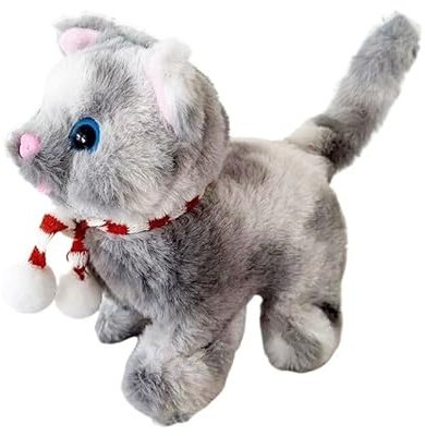 ISAKEN Jouet électrique interactif en Peluche pour Chat Qui Marche, aboie et Queue, poupées en Peluche réalistes pour Chaton, Filles, garçons et Filles âgés de 3, 4, 5, 6 Ans