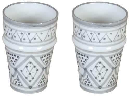 Casa Moro Marokkanische Keramik-Becher Sakina Grau/Weiß, 2er-Set, Handbemalte Becher ohne Henkel, Keramikbecher für Tee & Kaffee, Teebecher 8 x 11 cm