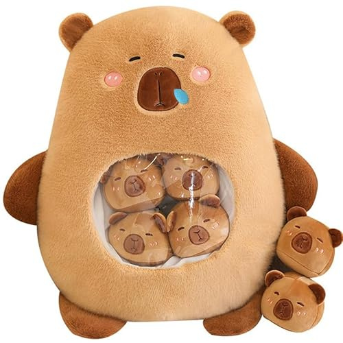 Kekeso Peluche Capybara Kawaii Peluche Capybara avec 6 Bébés Mignons Sac de Peluches Capybara Oreiller Jouets Rembourrés pour Filles Garçons Cadeaux,Marron