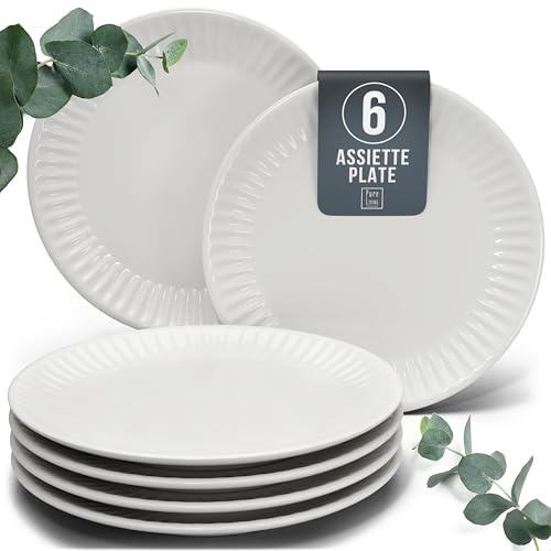 PURE LIVING INTERIOR DESIGN 6 x stengodstallrikar, stor hygge-serie – mattallrik, diskmaskin, mikrovågsugn, reptålig – porslinsset för 6 personer, mattallrikar – elegant rutat porslin i ljusgrå