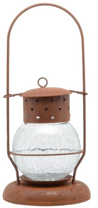 Lanterne en métal rouillé avec bougeoir arrondi en verre craquelé - Décoration de jardin - Rouille - 34 cm ou 42 cm de haut (34 cm de haut)