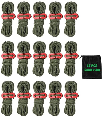 MUXHEL 15PCS Guy Ropes, 4m Reflective Tent Guy Ropes Guide Ropes with Aluminum Tensioners, 5mm Thick Tent Guide Ropes Guy Lines for Outdoor Camping Hiking Awning Tents-Green