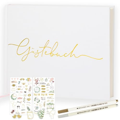 Swanaryo Gästebuch - für Hochzeit, Geburtstag, Babyparty, Ferienwohnung - 100 blank Seiten weiß Hochzeitsgästebuch mit Gratis Stift, Sticker, Hochzeitsalbum, 19 x 24 cm
