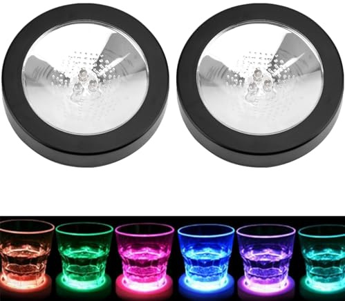 Leuchtende Untersetzer Gläser LED Coasters Glasuntersetzer Wasserdichtes Leuchtuntersetzer für Gläser Leuchtende für Getränke Bierdeckel für Flaschen Partys Hochzeiten Bar (Weiß Licht/2PCS/Schwarz)