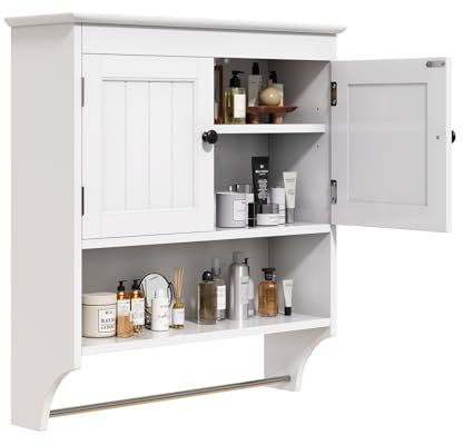 Bealife Hängender Badezimmerschrank, Doppel-Hängeschrank, platzsparend, Wandschrank mit 2 Türen, verstellbares Regalboden, Handtuchstange, 19,8 x 60,5 x 69,8 cm (Weiß)