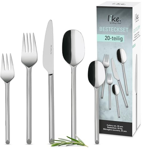 like. by Villeroy & Boch - Like Cubertería 20 piezas, plateada, apto para lavavajillas, acero inoxidable, para 4 personas, fácil cuidado, cuchillo, tenedor, cuchara de postre, tenedor de tarta