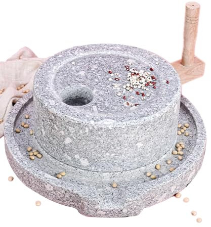 Small stone mill, old-fashioned green stone mill,Manual dry/wet grain mill with wooden frame+coarse/fine adjustable shaft,Sturdy and wear-resistant,suitable for grinding grain,wheat(30cm/11.8in)
