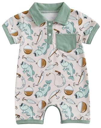 Newborn Infant Baby Boy Fishing Outfit First Birthday Clothes Summer Short Sleeve Romper Jumpsuit (Green, 3-6 Months)
