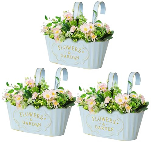 3pcs Large Hanging Flower Pots, Metal Hanging Plant Pots Flower Bucket Fence Planters Indoor/Outdoor for Railing Balcony Garden Home Decoration with Detachable Hook (3PCS-Blue)