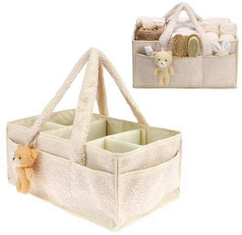 KQWVZ Baby Windel Caddy Organizer, Tragbarer Wickelorganizer Korb, Mit Fächern & Griffen, Plüsch Wickelorganizer Groß Mit Bärenanhänger, Multifunktional Wickeltisch Organizer Korb für Babysachen