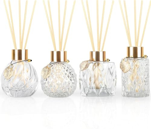 4-Piece Reed Diffuser Bottle Set with Gold Metal Details – 3.5–4.2 oz Refillable Glass Bottles and 20 Reed Sticks, A Coordinated Collection for Home and Office(4 Pcs Different Bottles)