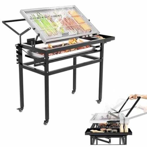ZenSeFarin Parrilla De Carbón para Barbacoa con Carrito,Parrilla Desmontable Cuadrada Resistente Al Aire Libre,Parrilla De Cocción Giratoria 360 Grados con Ruedas para Camping,Jardín,Barbacoa