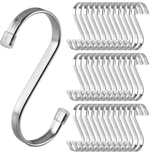 LOLYSIC 36 Stück S Haken Edelstahl Flach S-förmige Multifunktions Küchenhaken für Aufhängen Küchengeräte Utensilien Handtücher Kleidung Pflanzen Gartengeräte-bis 5kg Belastbar (Silber)