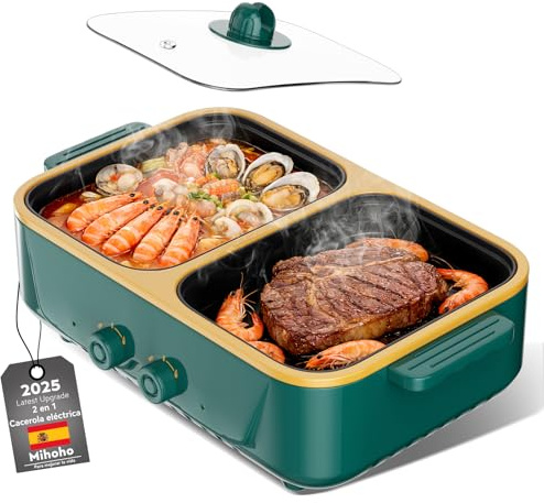 Olla eléctrica y parrilla 2 en 1, doble control de temperatura, calentamiento rápido - Electrodoméstico para cocinar en interiores: ideal para barbacoas, filetes, fideos y más - Hasta 4 pers (Verde S)