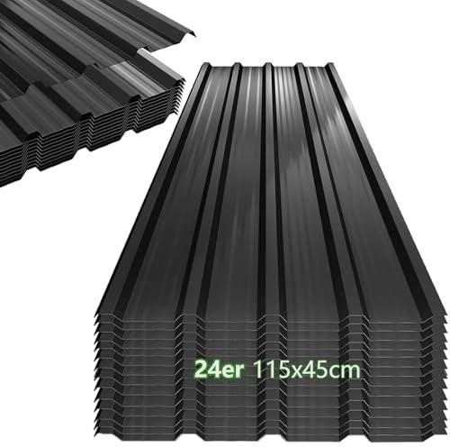 Sorlpv® 24er Set Profilblech Trapezblech, 115x45 cm (12,42 m²) Verzinkt Metall Dachplatten Wellblechplatten, Schwarz 0,25mm Dachblech Wetterfest Rostresistent für Carport, Dach, Garag, Gerätehaus