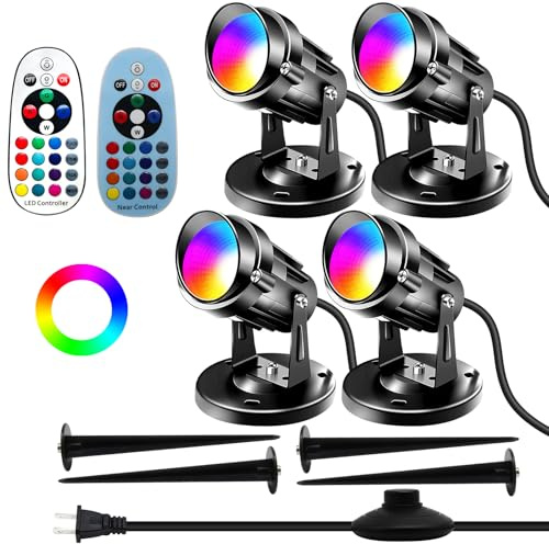 Qeeanmo RGBW Spot Lights Indoor with Remote,Waterproof Outdoor Landscape Spotlights, 8W Plug-in Accent Lighting for Patio, Fence, Tree & Pathway,Adjustable Ground Stakes,4-Pack