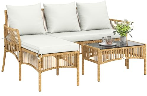 Outsunny Conjunto de Jardín de Ratán de 3 Piezas, Muebles Jardín Exterior Incluye 1 Sofá de 2 Plazas, 1 Sofá Esquinera, 1 Mesa de Centro con Tablero de Vidrio Templado, Cojines, Resistente, Crema
