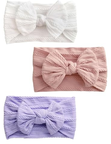 DAFNE Conjunto de tres piezas de diadema y diadema para bebé, diadema de nailon para niñas, diadema con lazo para bebé, diadema con lazo suave, diadema elástica adecuada para recién nacidos