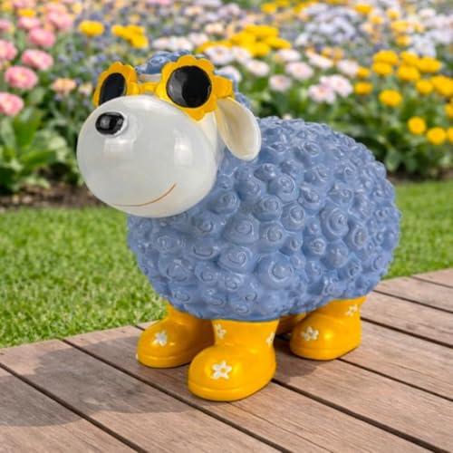 Online Fuchs Gartenfiguren für draußen, Cooles Schaf mit Sonnenbrille - 30 cm groß, wetterfest - Deko Figuren für Garten, Balkon und Terrasse (Hellblau)
