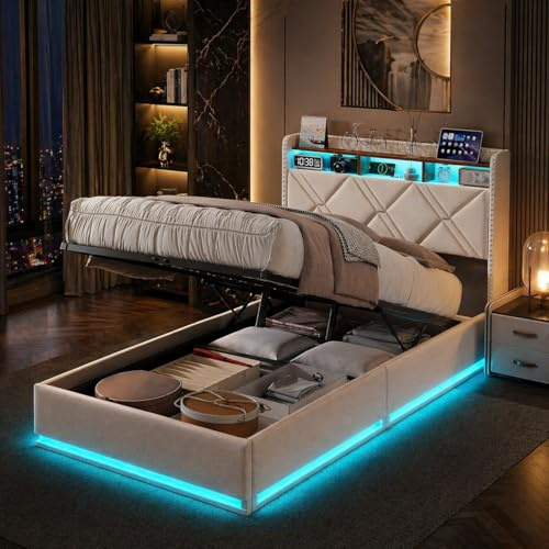 Polsterbett Jugendbett 90x200 mit Hydraulischer Stauraum, LED Einzelbett 90x200 mit Staufach-Kopfteil und USB-Anschlüssen, Funktionsbett Stauraumbett Bettgestell mit Lattenrost,Leinen
