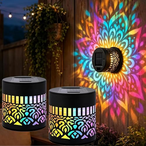 Solar Mandala Wall Lights Seven-Color Changing, Ip65 Waterproof Auto Mandala Solar Fence Lights, Decorative Outdoor Garden Fence Projector Lamp ，Colorful Light：2PCS