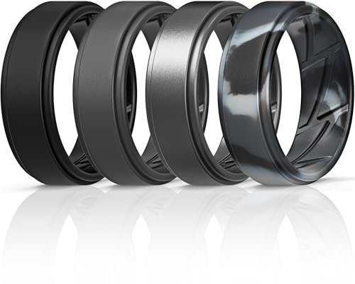 ThunderFit Silicone Wedding Rings for Men Breathable Airflow Inner Grooves, Step Edge Sleek Design Rubber Engagement Bands 8mm Wide 2mm Thick, Variety Multipack 1-7