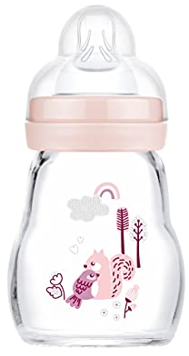 MAM Feel Good Glass Baby Bottle 170 ml Milk Bottle with Wide Mouth, Stable Bottle with Teat, Size 1 from Birth Squirrel/Bird