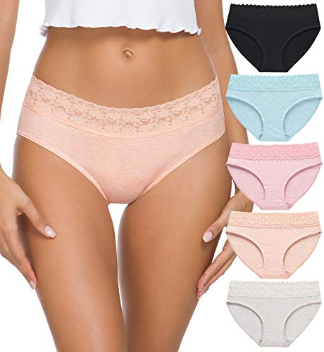 GNEPH Cotton Underwear Panties For Women, Hipster Panties For Women, Lace Bikini Panties 5 Pack(218L-Light)