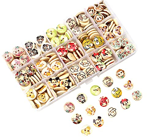 Mousyee Knöpfe Kinderkleidung, 225 Stücke Holzknöpfe in 15 Designs für Baby-Strickwaren, Modische 2-Loch-Knöpfe zum Nähen, Basteln, Sammelalbum, Dekorativer DIY-Knopf