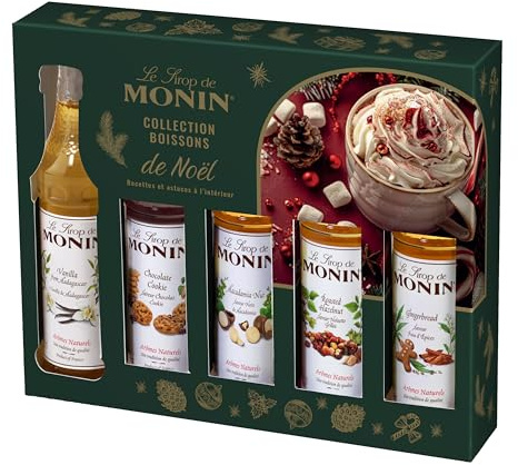 MONIN - Coffret de Noël pour Boissons Chaudes - Noisette Grillée, Pain d'Epices, Chocolat Cookie, Vanille et Noix de Macadamia - 5x5cl