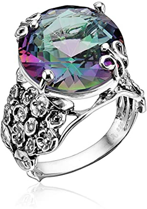 Breiter Bandring aus 925er-Sterlingsilber mit Mystic Bold Oval Round Cubic Zirconia Floral Show Stopper. Hypoallergen, nickel- und bleifrei, handwerklich gefertigte Designerkollektion