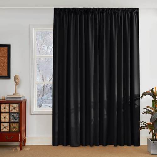 PONY DANCE Lichtdichte Vorhänge mit Kräuselband für Schienen 1 Stück Extra Breite Gardine Schwarz Blickdicht Thermovorhänge gegen Kälte Blackout Curtains for Living Room, H 260 x B 300 cm