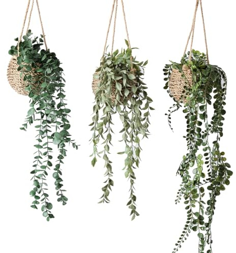 Fuxdre 3 Pack Mini Artificial Hanging Greenary Fake Hanging Plants in Basket for Wall Living Room Decor Bathroom Shelf Home Indoor
