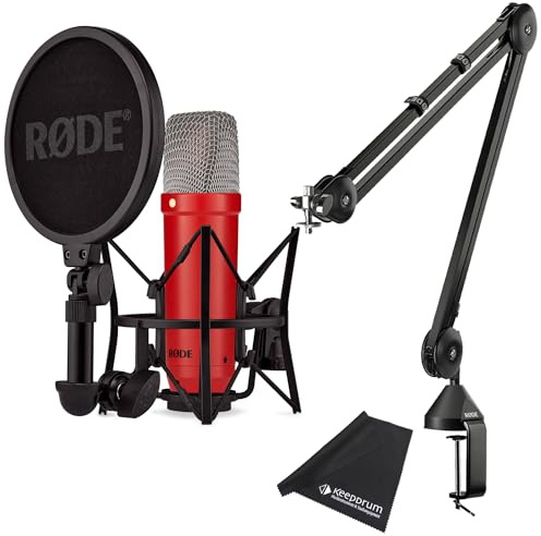 Rode NT1 Signature Red Studio-Mikrofon Rot + PSA1 Gelenkarm-Stativ Schwarz + keepdrum Mikrofasertuch