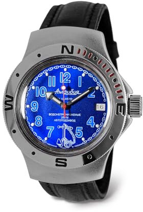 Vostok Amphibia 060382 Sea Captain Automatik-Armbanduhr mit Selbstaufzug, Schwarz Leder, Taucher