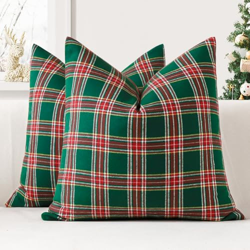 JOTOM 2er Set Weihnachten Schottisches Karo Kissenbezüge, Dekorative Plaid Tartan Wurf Kissenbezug Sofakissen Dekokissen Zierkissenbezug für Wohnzimmer Schlafzimmer Deko (50x50cm, Grün+Rot)