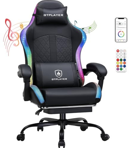 GTPLAYER Gamingstol, kontorsstol, spelstol med högtalare och ljuslist, gamerstol, ryggstöd med förvaringsväska ergonomisk PC-stol med fjärrkontroll