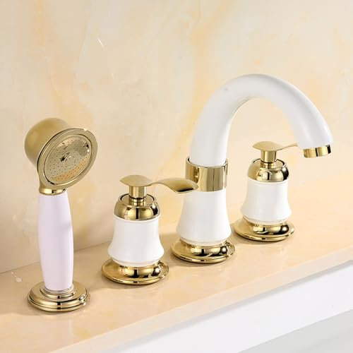 BiaoTeng Badewannenarmatur mit Handbrause 4 Loch 360 Drehbar Warm und Kalt Badewannen Armaturen Wannenrand Gold + Weiß