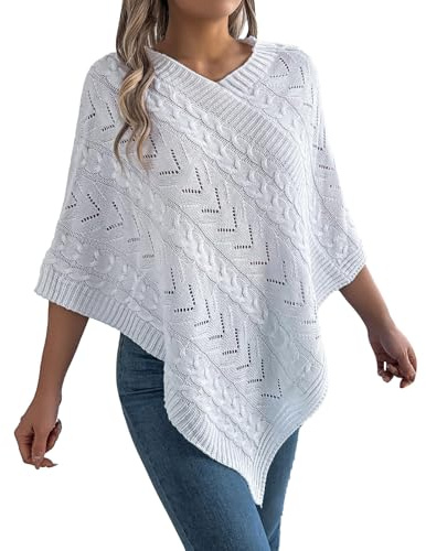 Vhersily Poncho in Maglia con Motivo a Treccia, con Scollo A V, vestibilità Comoda, Maglia Intrecciata, con Orlo Asimmetrico, Elegante, Sottile, A Maniche Lunghe, per Autunno e Inverno, per Viaggi